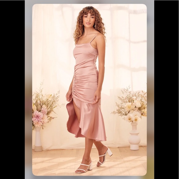 Perfect Occasion Dusty Rose Satin Ruched Midi Dress - Picture 2 of 5